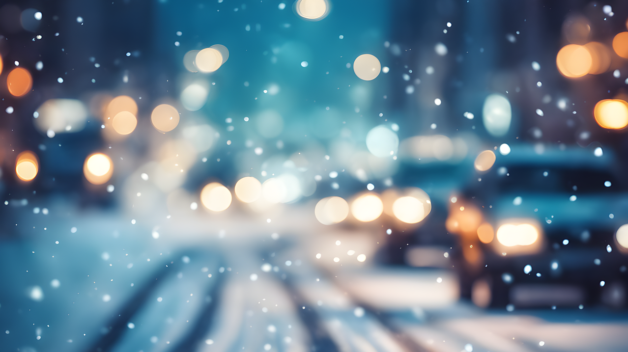 unscharfe Aufnahme von Autos auf einer verschneiten Straße in einer Stadt, auf der Linse liegen Schneeflocken